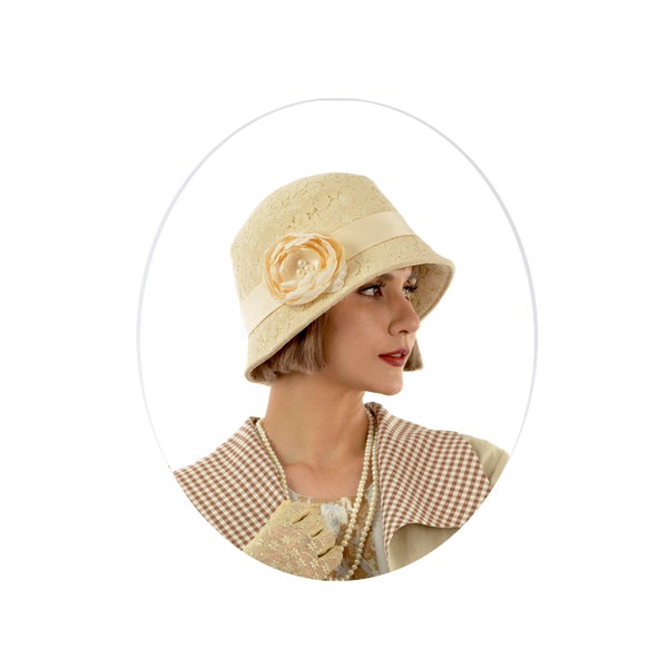 Cream lace cloche hat, 1920s daywear, Great Gatsby cloche hat, cream summer hat, 1920s cloche hat, high tea hat, cotton summer hat