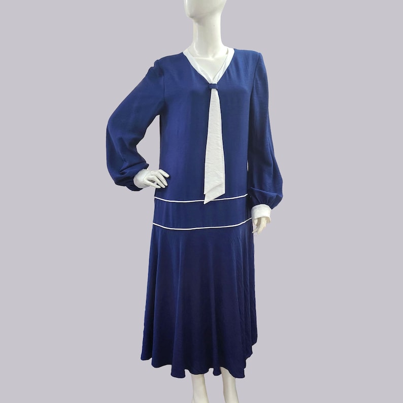 1920s Style Dress Nautical Vibe– Solid Blue Rayon Blend with White Piping, Drop Waist Midi, Long Sleeves & Necktie image 1