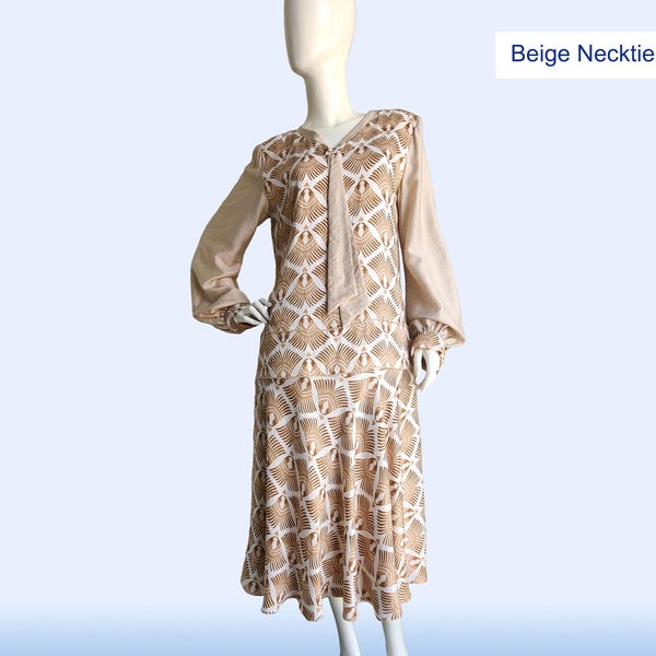 1920s Inspired Art Deco Dress – Brown Feather Print Rayon Blend, Drop Waist Midi with Necktie, Vintage Fashion