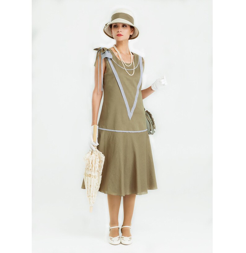 Olive green 1920s sleeveless linen day dress, shoulder bow, Gatsby party dress imagen 1