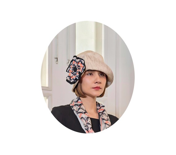 Elegant Cream Wide-Brim Hat with Patterned Band Yellow Rose Wide Brim Straw Hat, Kentucky Derby Hat, Church  main image 4