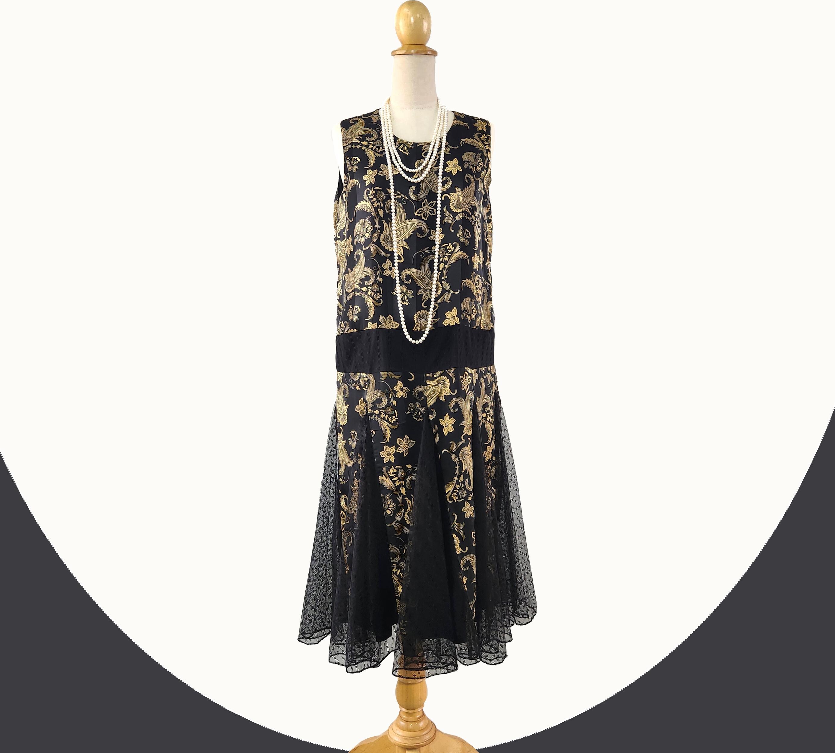 1920s formal dress in Black and gold with zig zag details, Great Gatsby evening dress, La Vie Delight 1920s formal evening wear for women