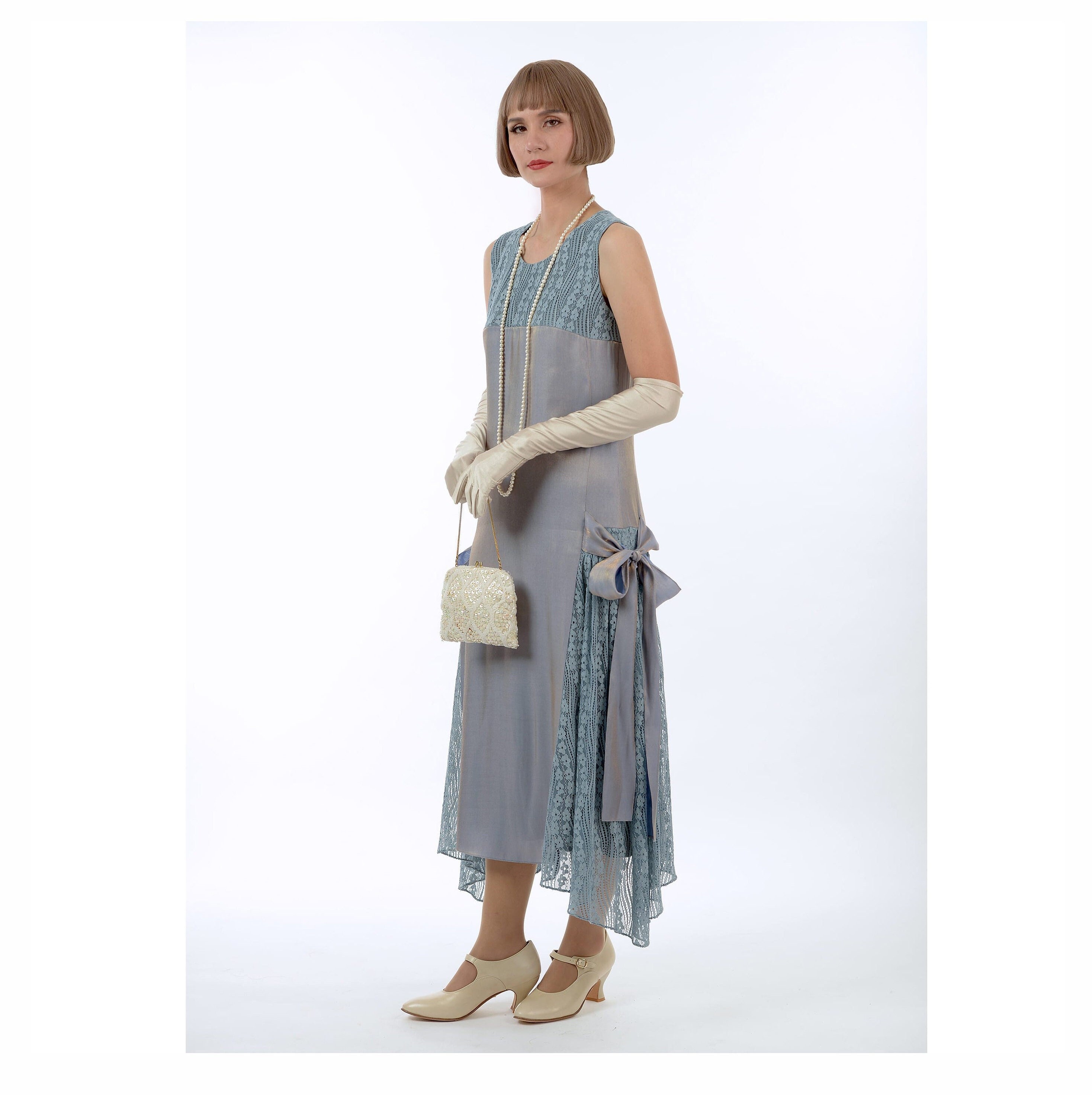 grey flapper dress Grey Lace Flapper Dress, Metallic Roaring 20s Evening Gown