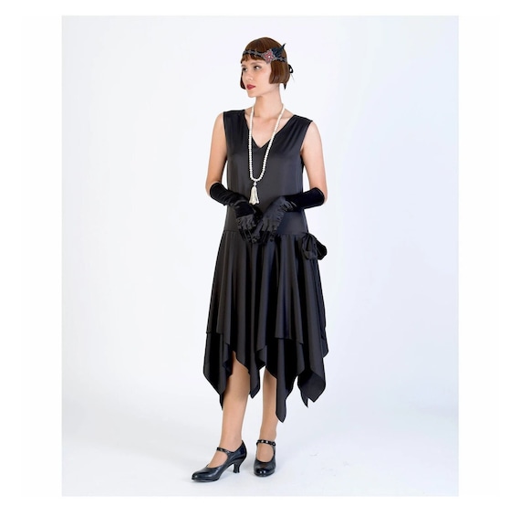 Black satin Great Gatsby evening dress with handkerchief skirt, 1920s fashion, Charleston dress, 1920s formal dress, Black flapper dress