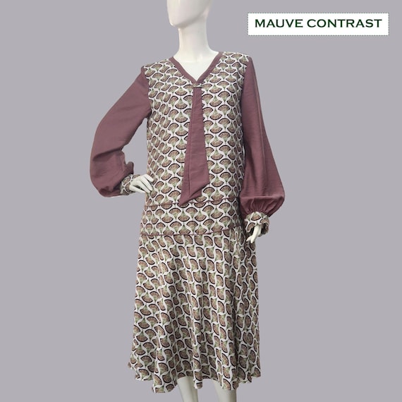 1920s Inspired Drop Waist Dress  Handmade Brown Deco Fan Print With Dark  Mauve Rayon, Long Cuffed Sleeves, Autumn Vintage Style - Etsy