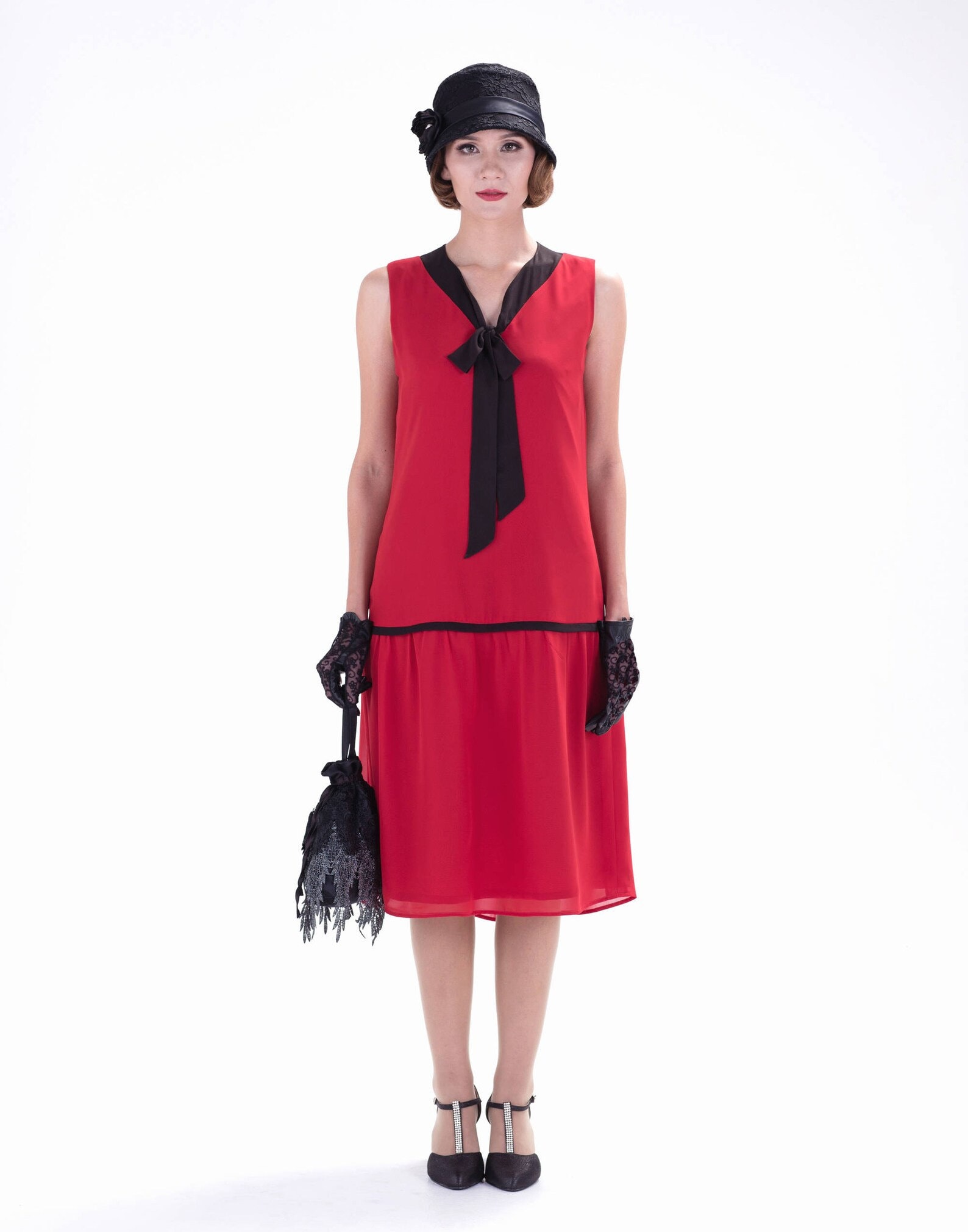 Little red flapper dress with Black bow, 1920s flapper dress, red Great Gatsby day dress, red drop waist dress, 20s party dress