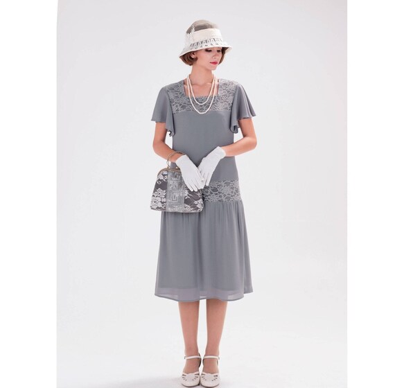1920s dress in grey chiffon and lace with flutter sleeves Downton Abbey day dress Great Gatsby dress 20s tea dress Roaring 20s dress Etsy Mexico