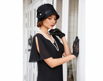 Black Cloche Hat With Cotton and Lace, 1920s Flapper Hat  display picture 2