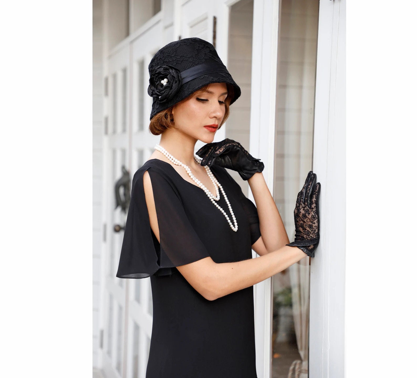 2 pc set Black Church Daytime Flapper Hat Cloche Fingerless Gloves Black 1920s cloche hat with cotton and black lace – LaVieDelight main image 2