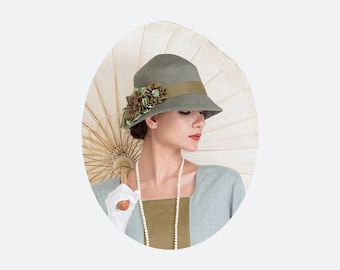 Green-ish brown Great Gatsby hat with cotton and linen, summer flapper hat, summer cloche hat, 1920s high tea hat, Downton Abbey cloche hat