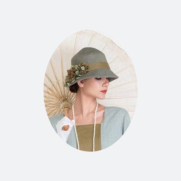 Green-ish brown Great Gatsby hat with cotton and linen, summer flapper hat, summer cloche hat, 1920s high tea hat, Downton Abbey cloche hat