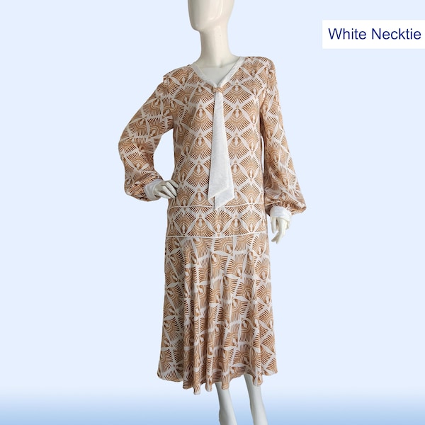 Brown Art Deco 1920s Dress – Feather print, Rayon Blend, Long Sleeves, Drop Waist Gatsyby daywear