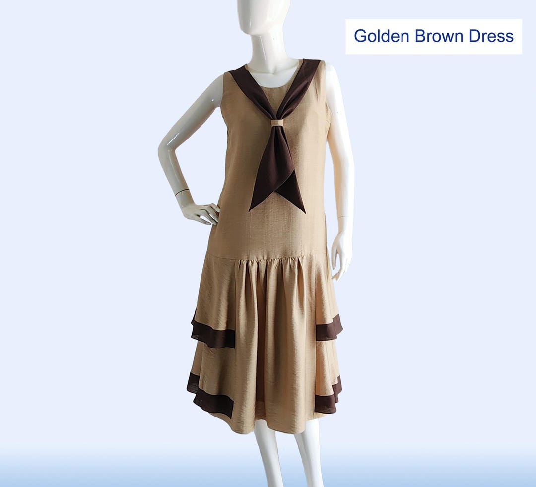 Golden Brown Jazz Age Lawn Party Dress, Drop Waist, 1920s Necktie ...
