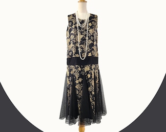Gold and black evening dress, 1920s formal dress with tulle lace godets, Great Gatsby evening dress, LaVieDelight 1920s formal evening wear