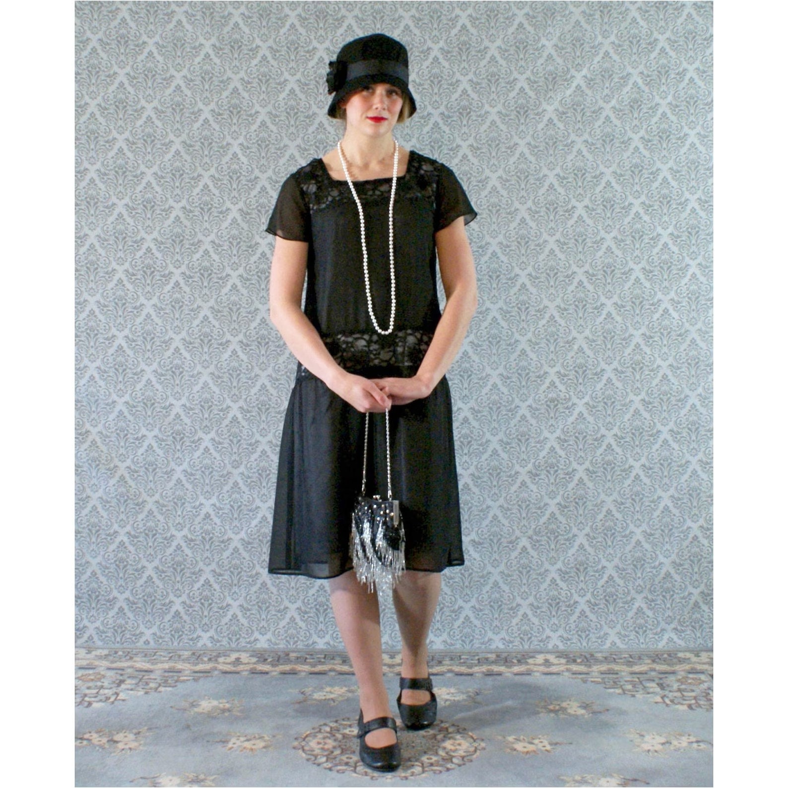 1920s Flapper Chiffon Day Dress in Black With Lace Details and Small  Flutter Sleeves, Great Gatsby Daywear, Black Downton Abbey Summer Dress -  Etsy, image size:1588x1588