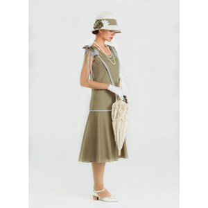 Olive green 1920s sleeveless linen day dress, shoulder bow, Gatsby party dress imagen 3