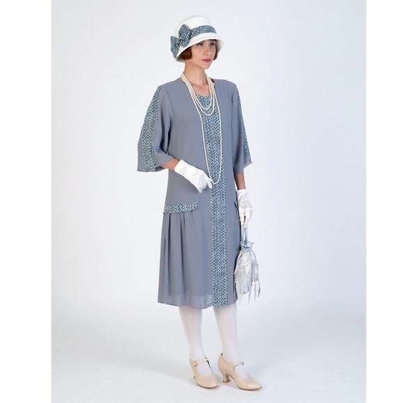 Grey 1920s chiffon summer dress with blue print and elbow sleeves, Gatsby day dress, 1920s Downton Abbey day dress, Grey 1920s tea dress