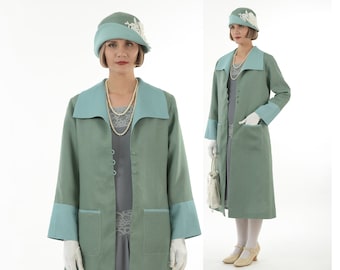 Flapper day coat in muted green linen and pastel blue details, green 1920s summer coat, with wing collar, green long jacket, 1920s daywear