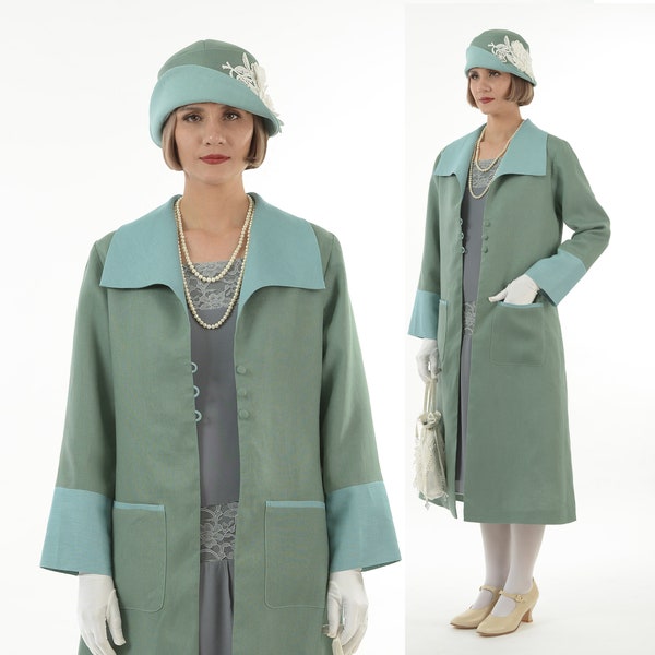 Flapper day coat in muted green linen and pastel blue details, green 1920s summer coat, with wing collar, green long jacket, 1920s daywear