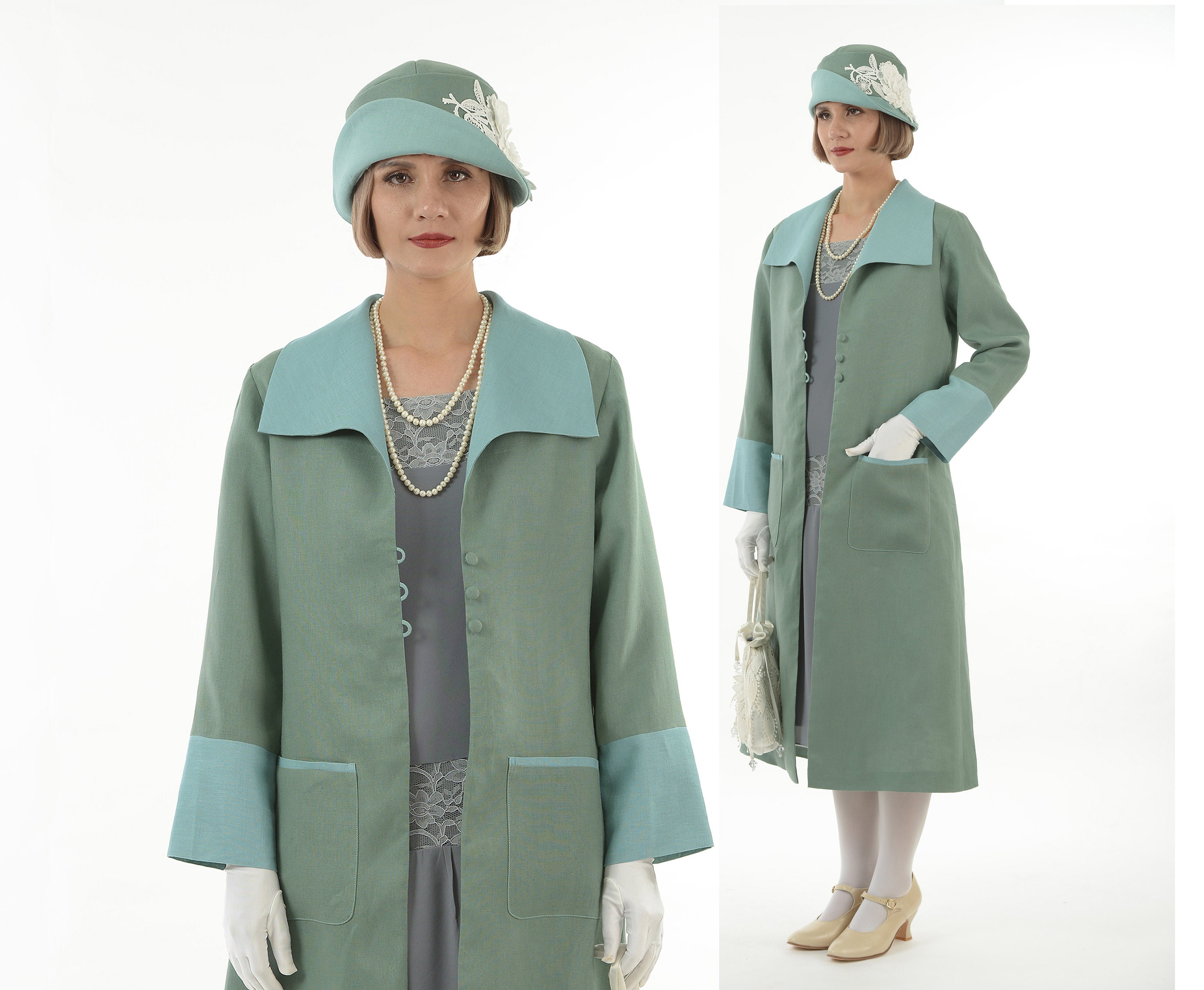 Flapper day coat in muted green linen and pastel blue details, green 1920s summer coat, with wing collar, green long jacket, 1920s daywear