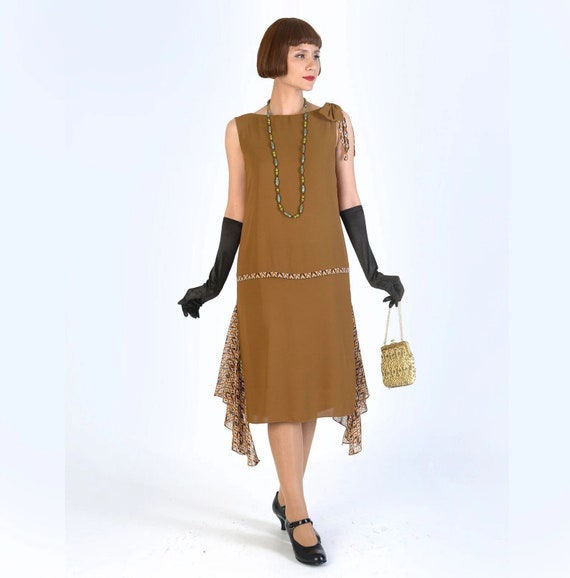 1920s Gatsby Party Dress in Brown Crepe Georgette and Printed Brown Chiffon Brown Downton Abbey Dress 1920s Evening Dress Lady Mary Dress Etsy