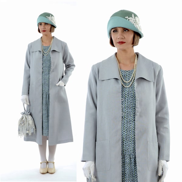 Simple and relaxed 1920s summer linen coat in light grey, wing collar, single breasted 1920s day coat, summer Gatsby jacket, 1920s daywear