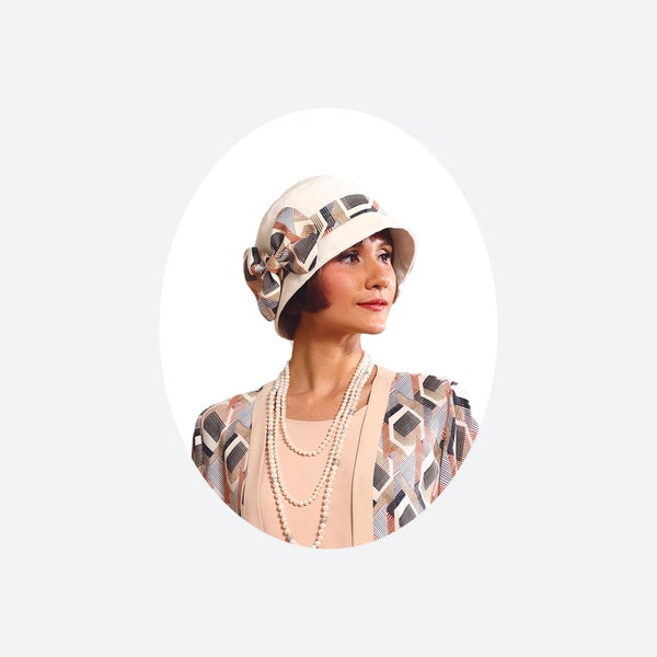 1920s cloche hat with off-white cotton and printed amuzen ribbon, Downton Abbey hat, high tea hat, flapper hat, cloche hat, Great Gatsby hat