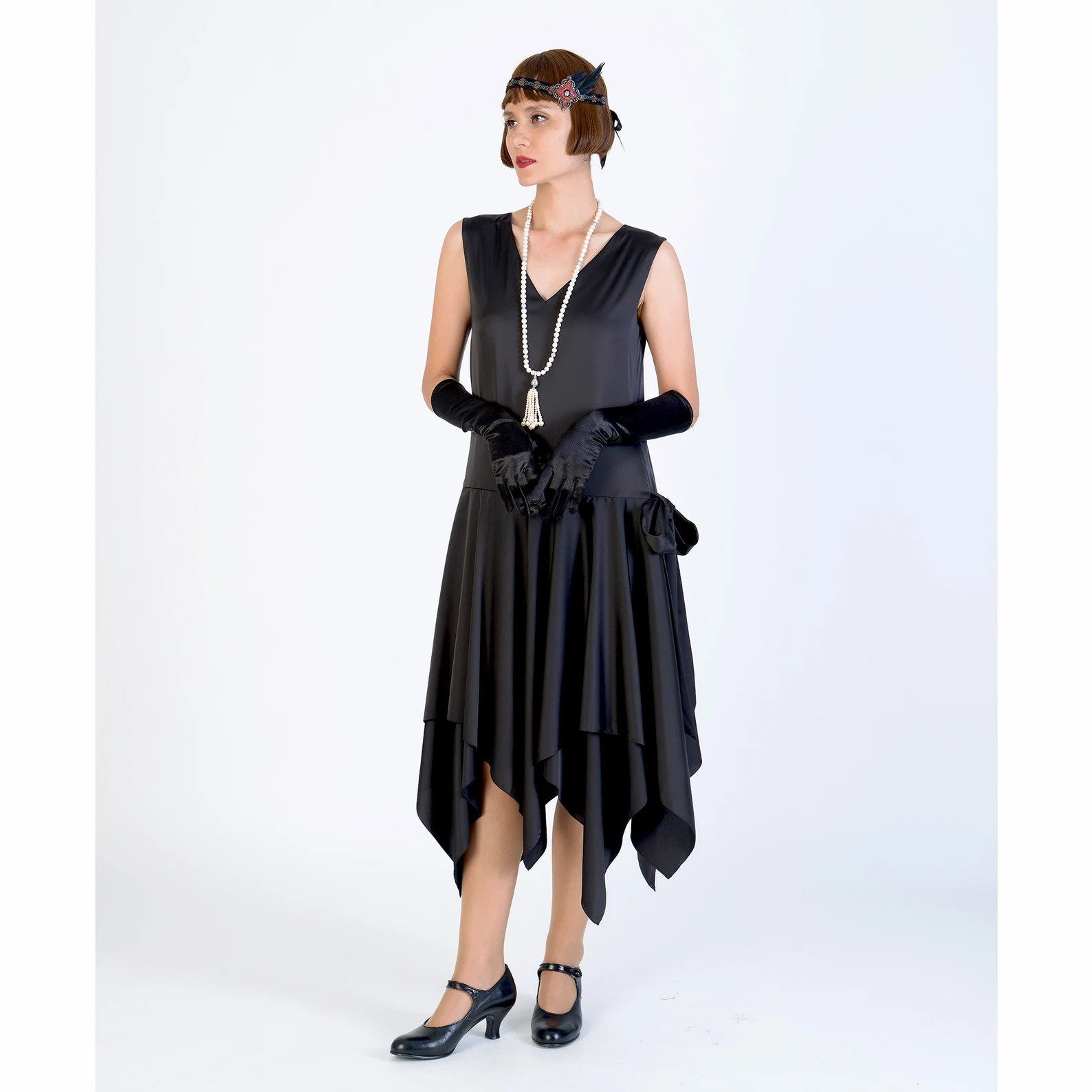 Black 1920s Satin Evening Dress With Handkerchief Skirt, Charleston ...