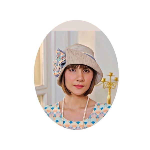 Great Gatsby cloche hat in cream with art deco print, 1920s cloche hat, summer party hat, light brown flapper cloche hat, 1920s tea hat