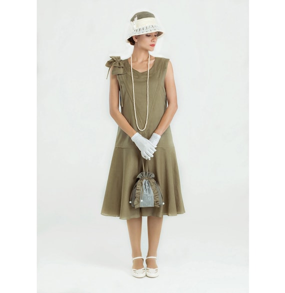 Sleeveless 1920s linen dress in olive green, 20s flapper fashion, Gatsby high tea party