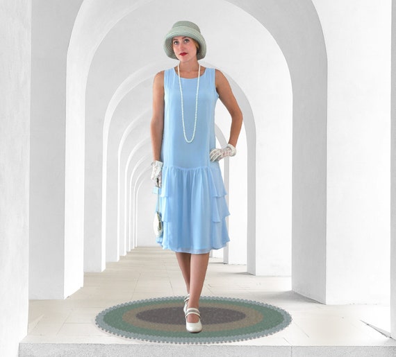 Buy Light Blue Roaring 20s Dress With Tiered Skirt, Great Gatsby