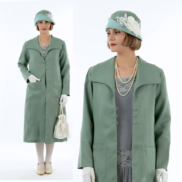 1920s summer daywear, Great Gatsby linen coat in muted green, wing collar and pockets, long linen jacket, 1920s summer coat, 20s tea jacket