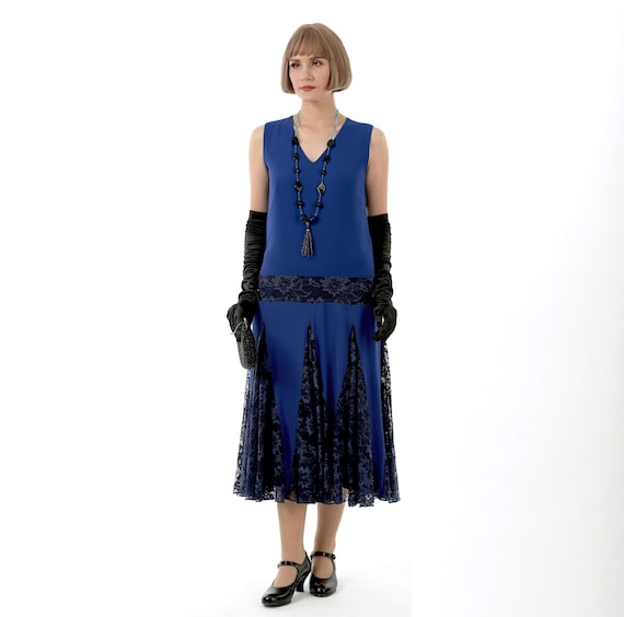 1920s Chiffon and Lace Dress in 2 Shades of Blue, Great Gatbsy Formal  Evening Dress, 1920s Reproduction Dress With Zig Zag Details - Etsy
