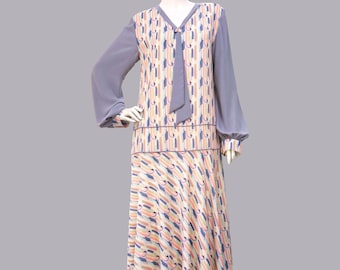 1920s Fashion Dress – Handmade Chiffon Drop Waist, Cheerful Pastel Art Deco Print, Grey Contrasts, Authentic Jazz Age Style