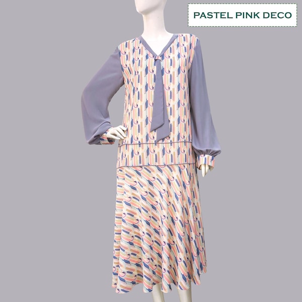 1920s Fashion Dress – Handmade Chiffon Drop Waist, Cheerful Pastel Art Deco Print, Grey Contrasts, Authentic Jazz Age Style