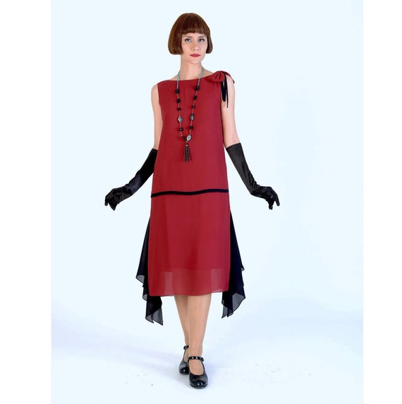 1920s dress in maroon red and black, red Downton Abbey dress, red 1920s evening dress, Lady Mary dress, red swing Charleston dance dress