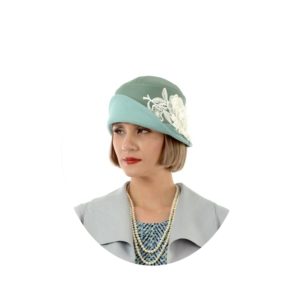 1920s-inspired linen cloche hat in muted green and pastel blue, Gatsby party hat, 1920s high tea hat, Downton Abbey hat, 1920s summer hat