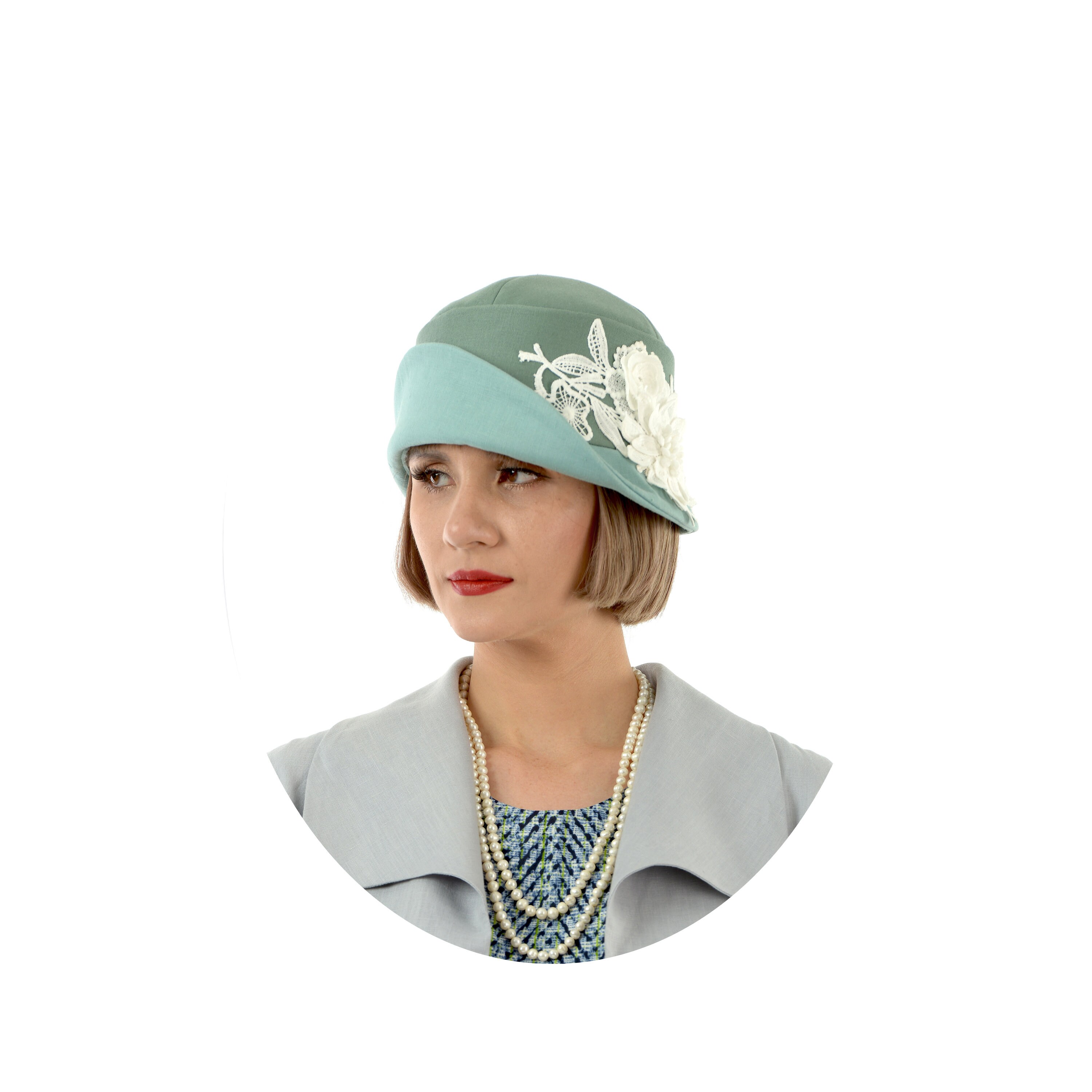 1920s-inspired Linen Cloche Hat in Muted Green and Pastel 