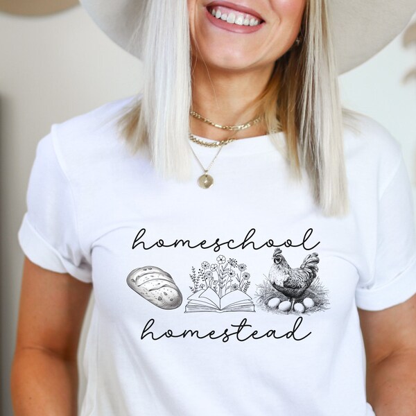 Homemaking Homeschooling Homesteading Tee, Minimalist Homestead Mama Gift, Rooster T-Shirt, Distressed, Homeschool Mama Shirt