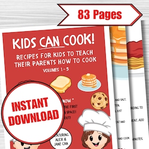 Kids Can Cook Vol 1-5 Livro de receitas para crianças, imprimíveis para educação domiciliar, planejamento de refeições, receitas, para crianças, imprimível, receita, fichário para educação domiciliar