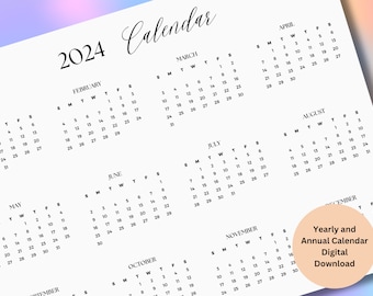 May include: A printable 2024 calendar with each month displayed in a separate grid. The calendar is designed in a minimalist style with black text on a white background.