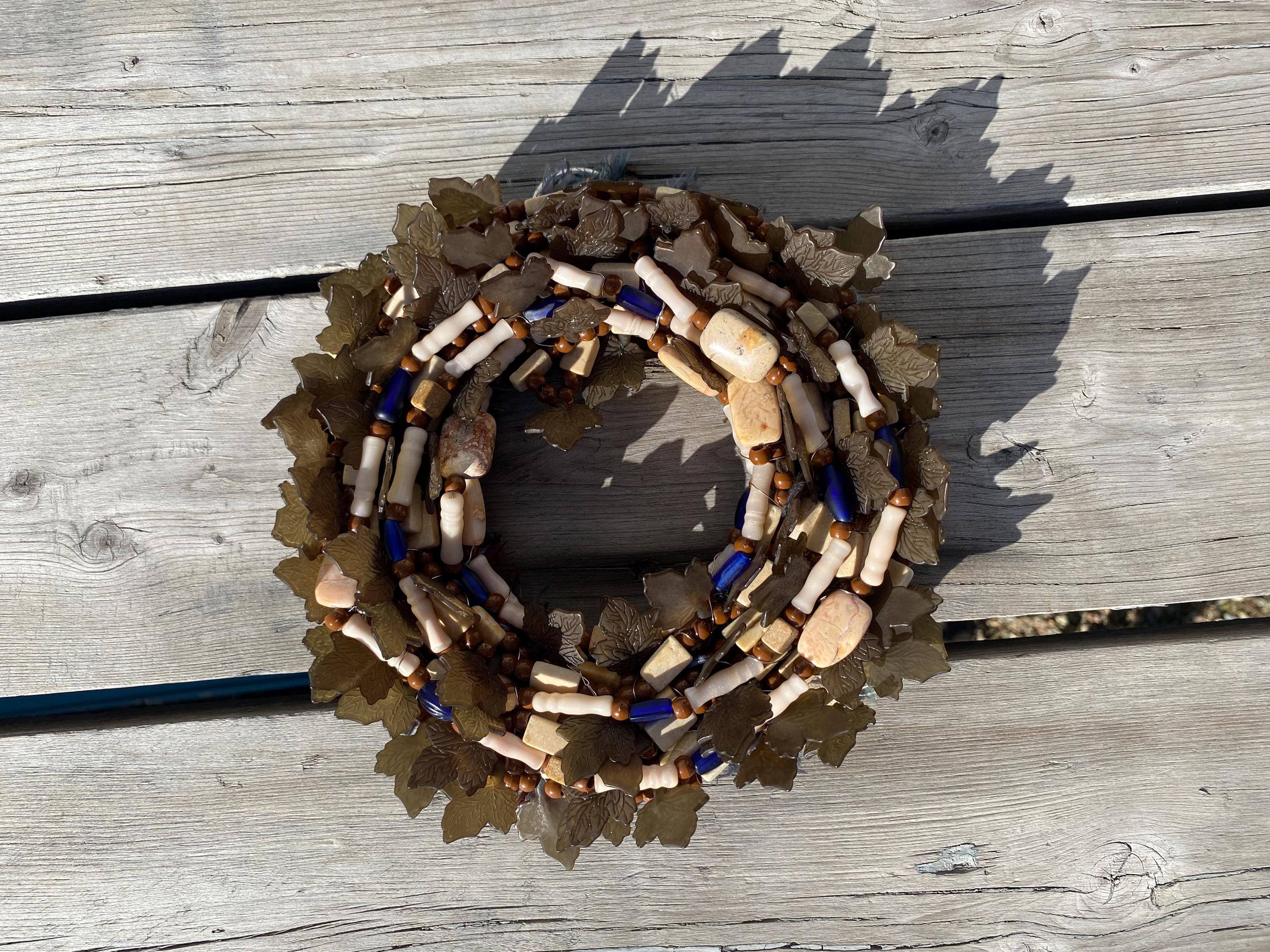 River Leaves - Recycled Handcrafted Eco-Friendly Décor Rustic Wall Art Unique Home Gift Handmade Upcycled Metal Stone Wreath Studio