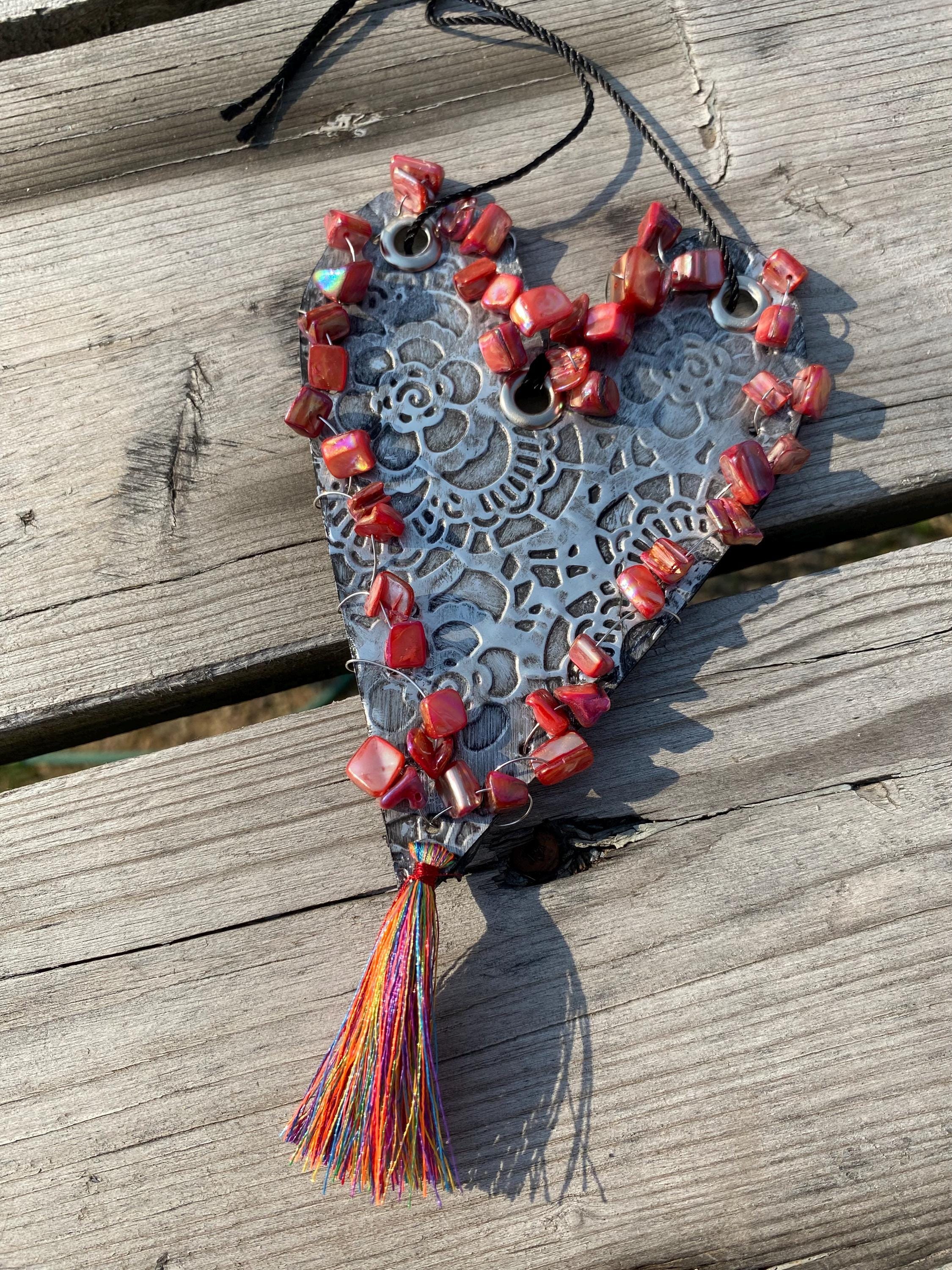 Tassle Heart - Recycled Handcrafted Eco-Friendly Décor Rustic Wall Art Unique Home Gift Handmade Upcycled Metal Stone Wreath Studio - Thumbnail 4