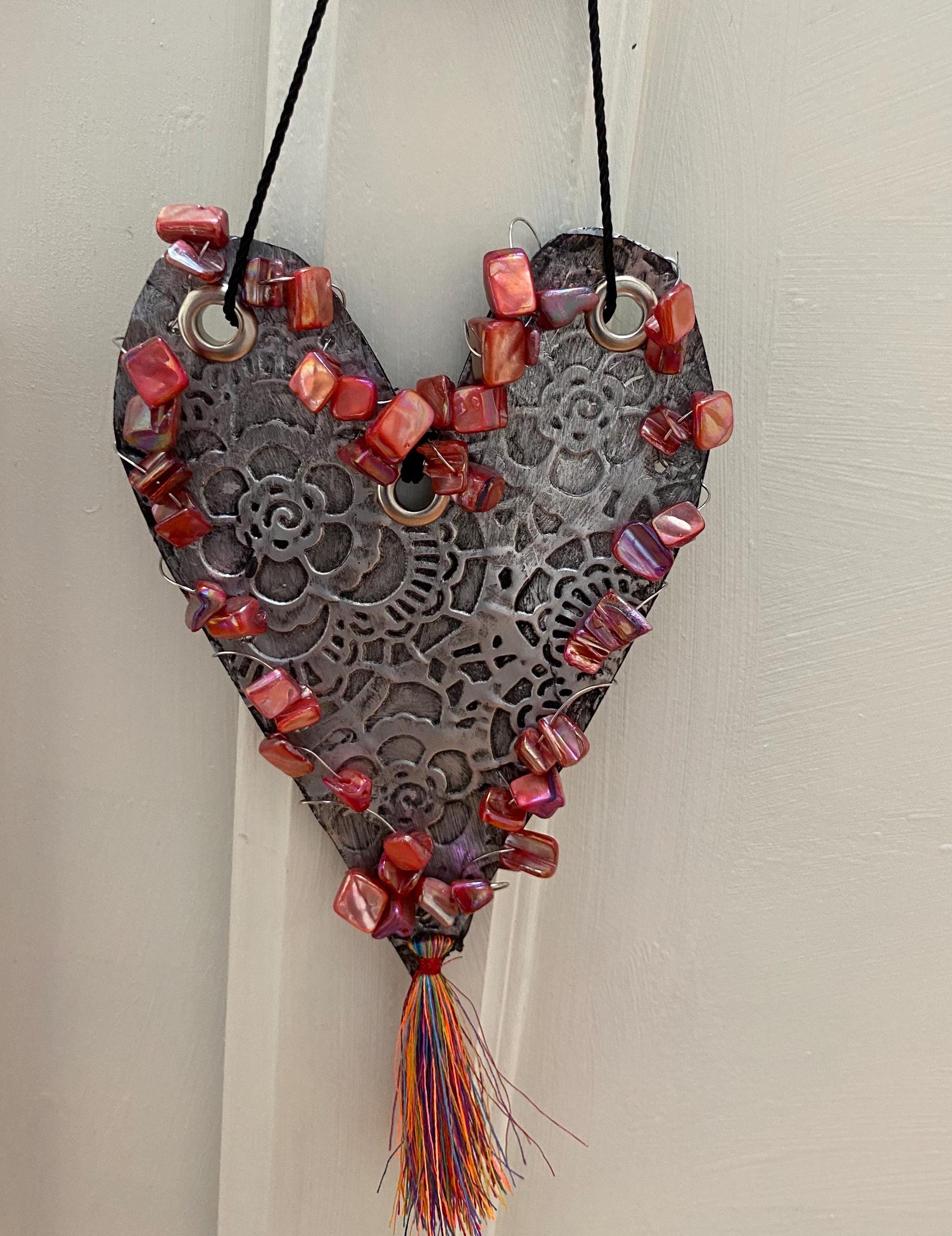 Tassle Heart - Recycled Handcrafted Eco-Friendly Décor Rustic Wall Art Unique Home Gift Handmade Upcycled Metal Stone Wreath Studio - Thumbnail 3