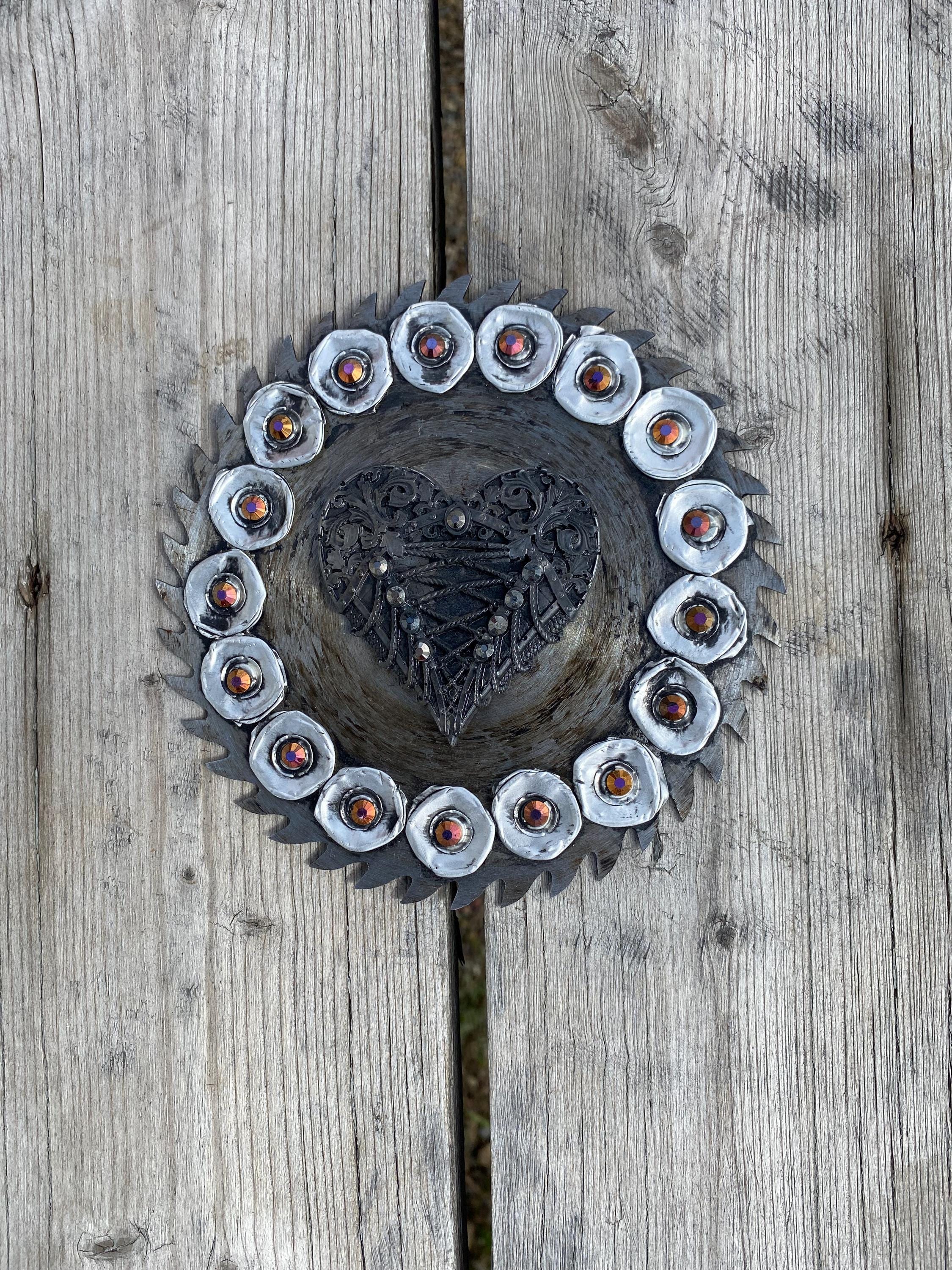 Laced Heart - Recycled Handcrafted Eco-Friendly Décor Rustic Wall Art Unique Home Gift Handmade Upcycled Metal Stone Wreath Studio - Thumbnail 2