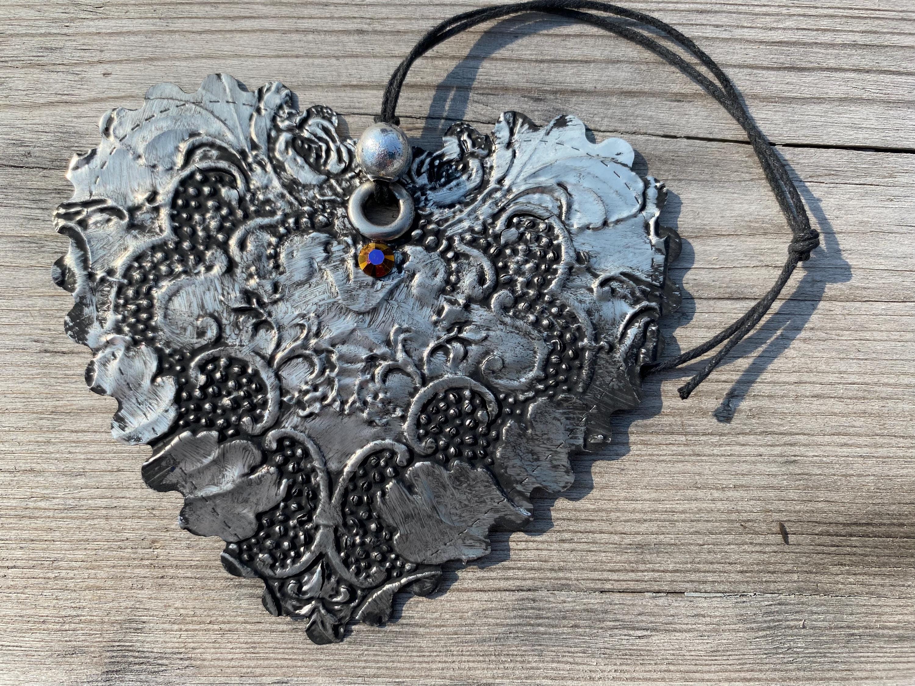 Embossed Heart - Recycled Handcrafted Eco-Friendly Décor Rustic Wall Art Unique Home Gift Handmade Upcycled Metal Stone Wreath Studio
