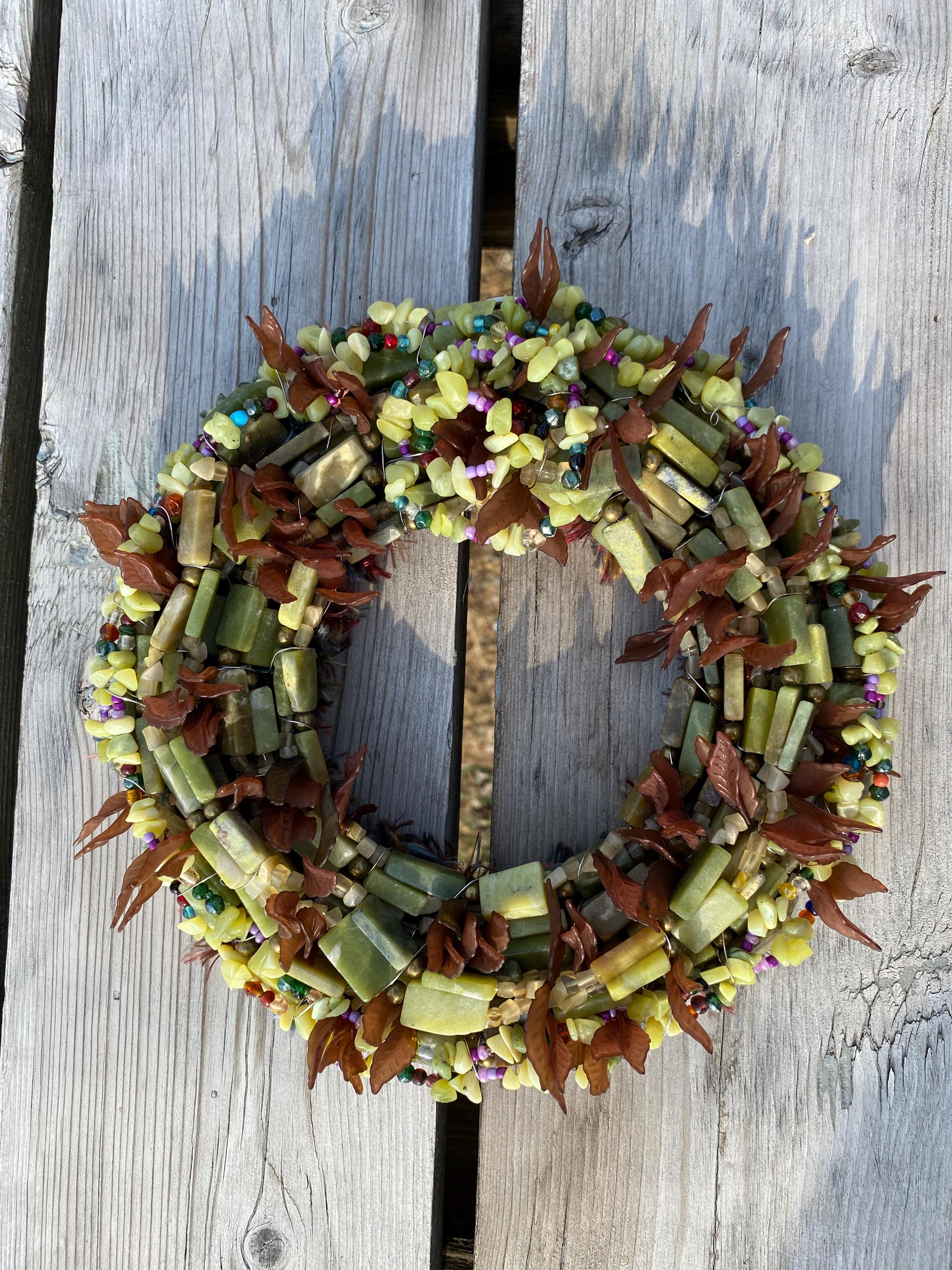Spring Feathers - Recycled Handcrafted Eco-Friendly Décor Rustic Wall Art Unique Home Gift Handmade Upcycled Metal Stone Wreath Studio