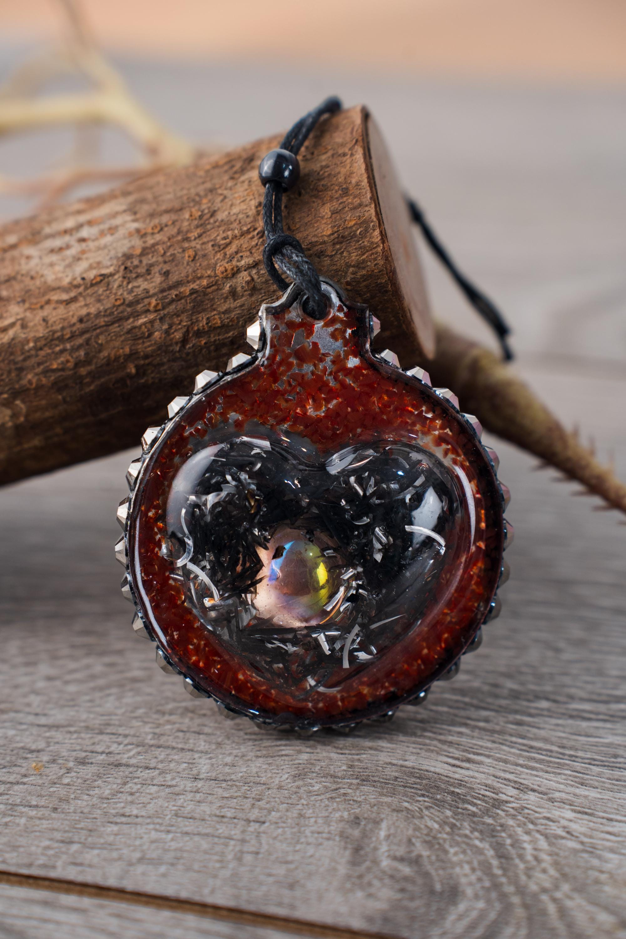 Black Red Heart - Resin ornament, handmade cabachon, black and silver shavings, red glass chips, a rhinestone halo - Image 1