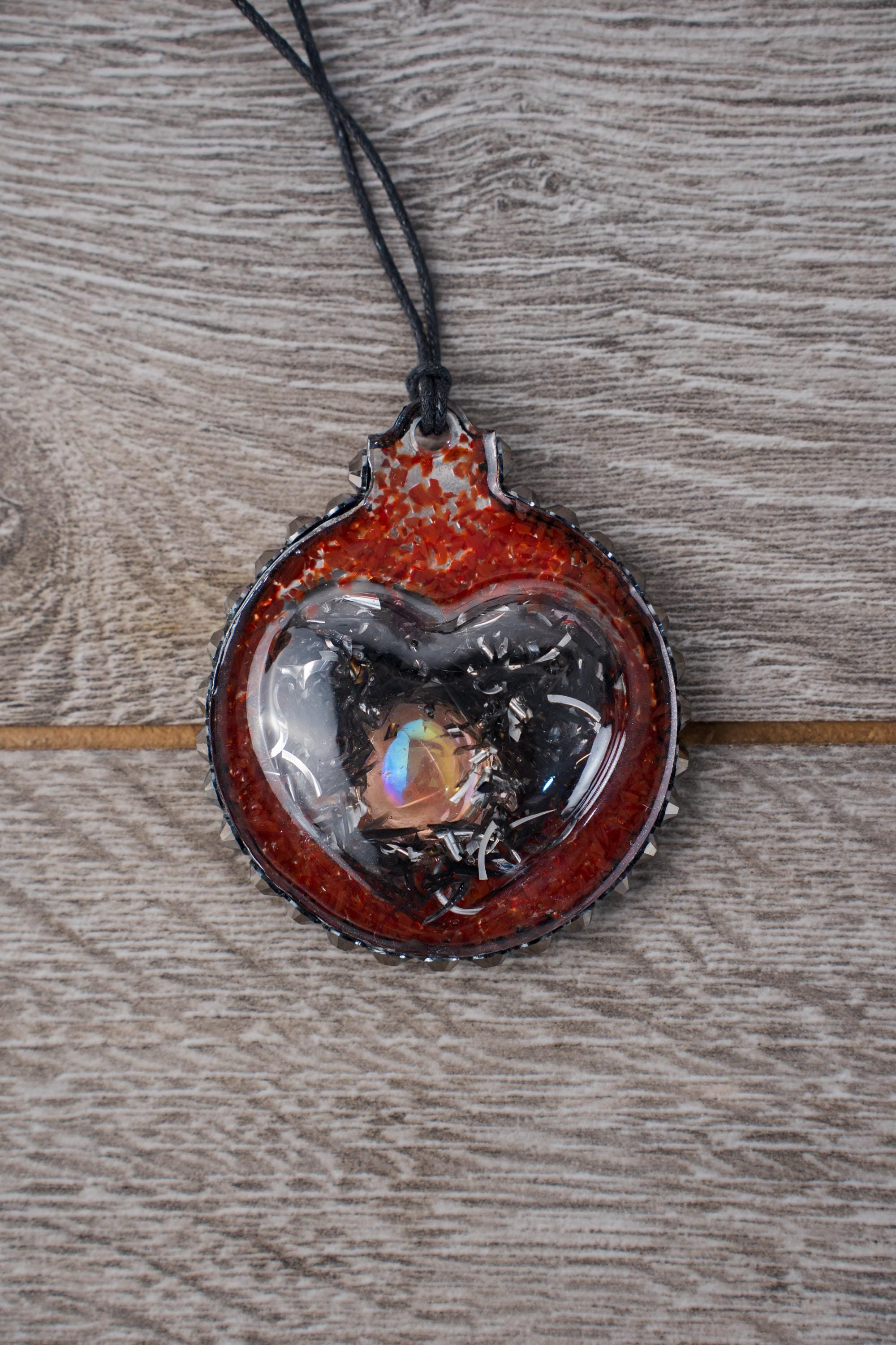 Black Red Heart - Resin ornament, handmade cabachon, black and silver shavings, red glass chips, a rhinestone halo - Thumbnail 2