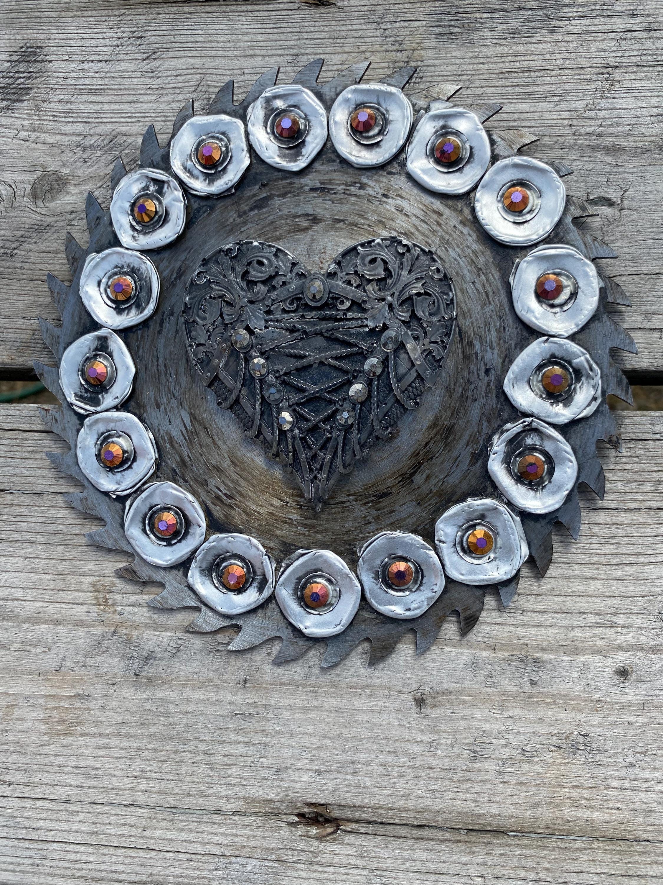 Laced Heart - Recycled Handcrafted Eco-Friendly Décor Rustic Wall Art Unique Home Gift Handmade Upcycled Metal Stone Wreath Studio - Thumbnail 3